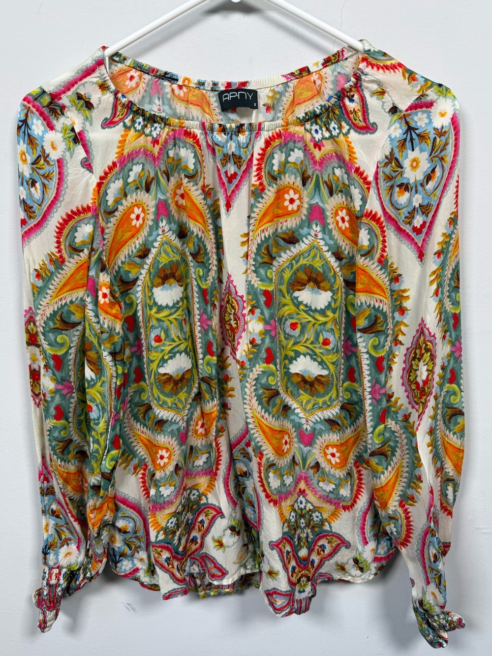 APNY Cream Paisley Long-Sleeve Blouse with Multicolor Print Sz S Great Condition
